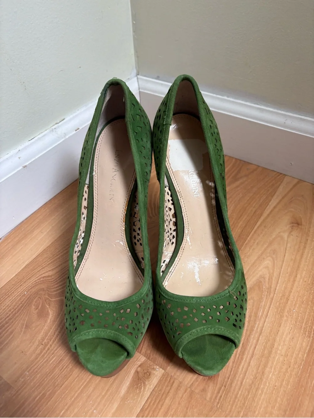 Enzo Angiolini Green Suede Laser-Cut Peep-Toe Heels